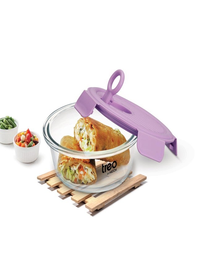 تريو حاويات زجاجية دائرية من البوروسيليكات من تريو باي ميلتون لومينو فريش، سعة 400 مل، للاستخدام في المطبخ | آمنة للاستخدام في الميكروويف | مانعة للتسرب مع غطاء مزود بفتحة تهوية | 400 مل، طقم من قطعة واحدة، لون بنفسجي - Image 1